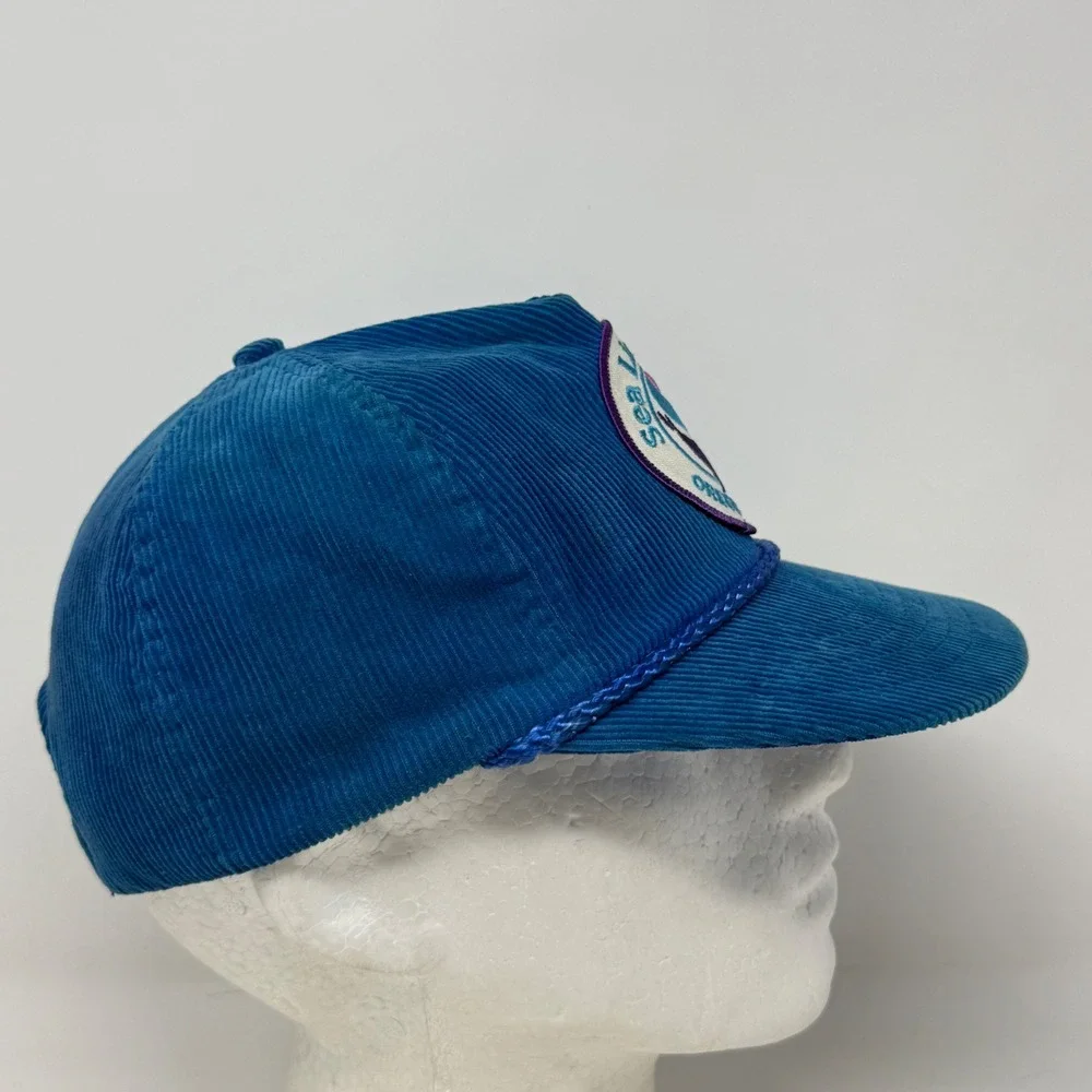 Vintage Sea Lion Caves Oregon Coast Corduroy Snapback Hat Blue Rope Trucker